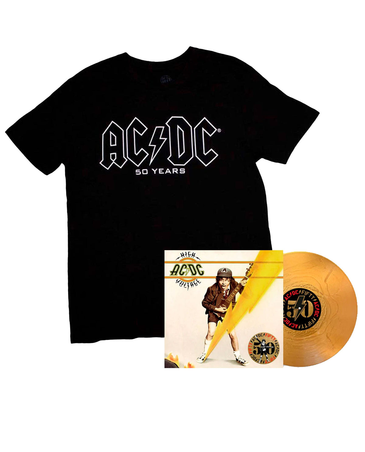 AC/DC - Pack LP Vinilo Dorado "High Voltage" Ed. 50 Aniversario + Camiseta "Logo History" - D2fy · Rocktud - Rocktud