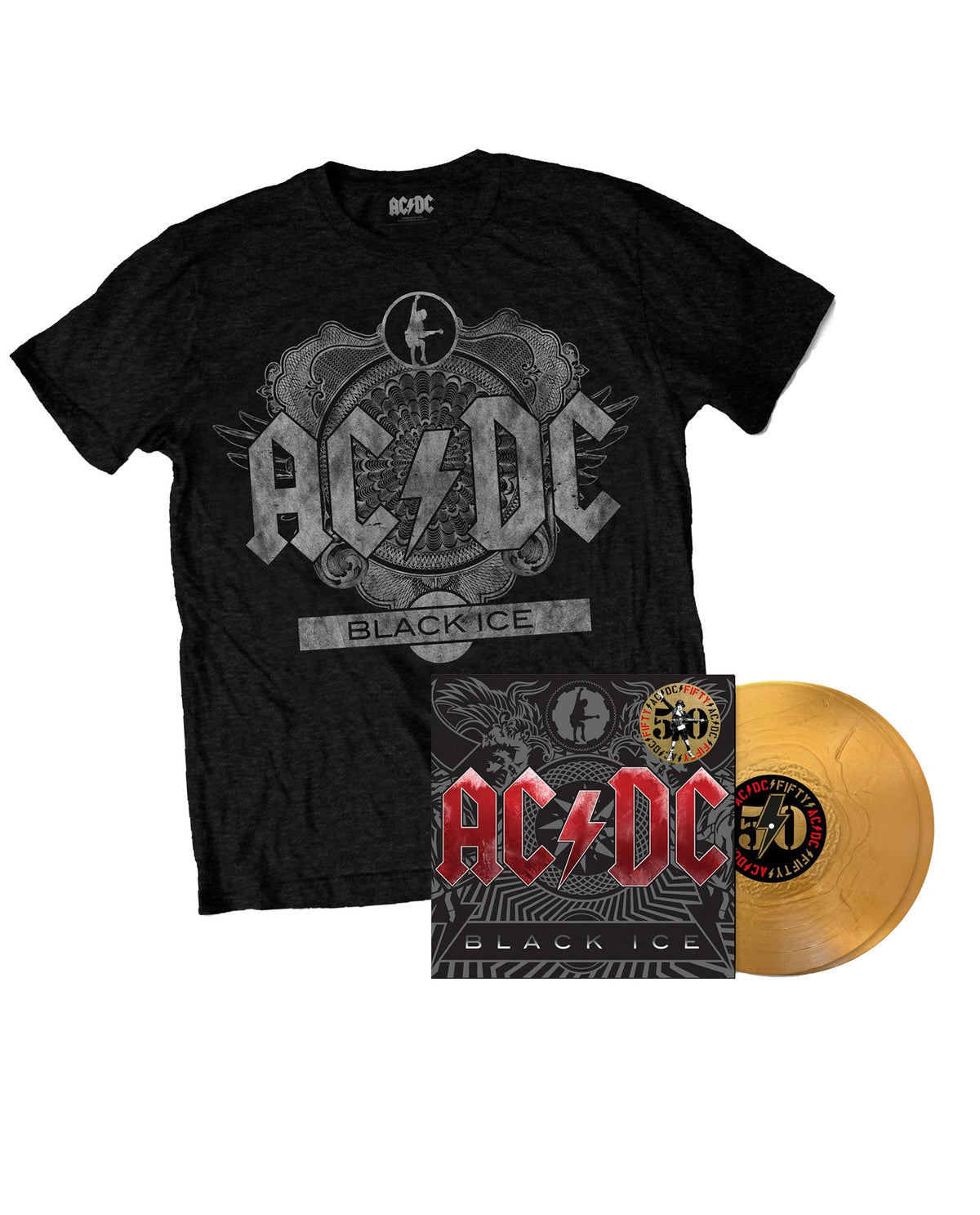 AC/DC - Pack 2LP Vinilo Dorado "Black Ice" Ed. 50 aniversario + Camiseta "Black Ice" - D2fy · Rocktud - Rocktud