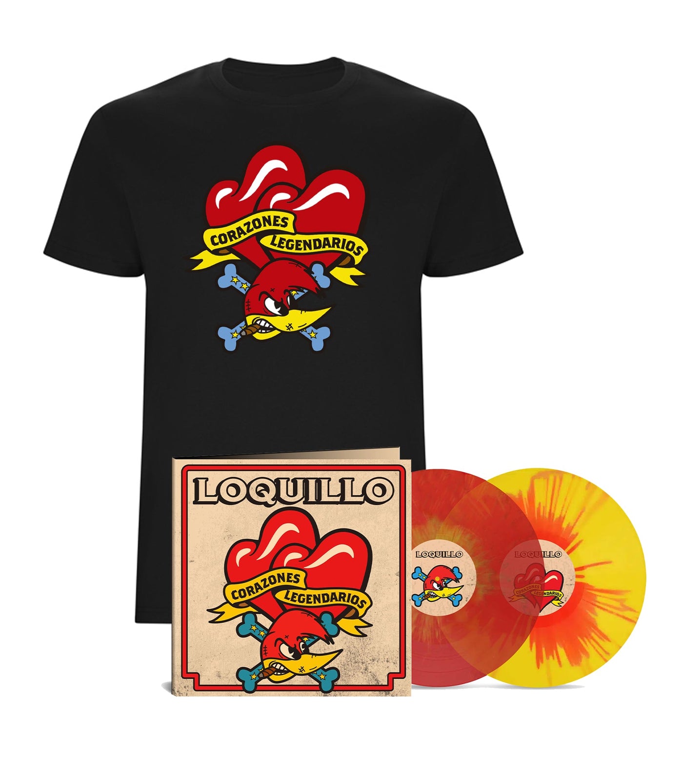 Loquillo - 2LP Vinilo Splatter Rojo y Amarillo + Camiseta "Corazones Legendarios" - D2fy · Rocktud - Loquillo