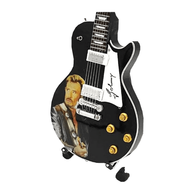 Music Legends - N3285 Mini Guitarra de Colección Negra con Retrato (Años 80) - Inspirada en Johnny Hallyday - D2fy - Direct To Fans - Music Legends