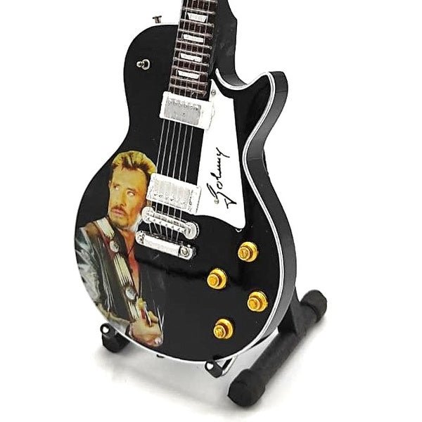 Music Legends - N3285 Mini Guitarra de Colección Negra con Retrato (Años 80) - Inspirada en Johnny Hallyday - D2fy - Direct To Fans - Music Legends
