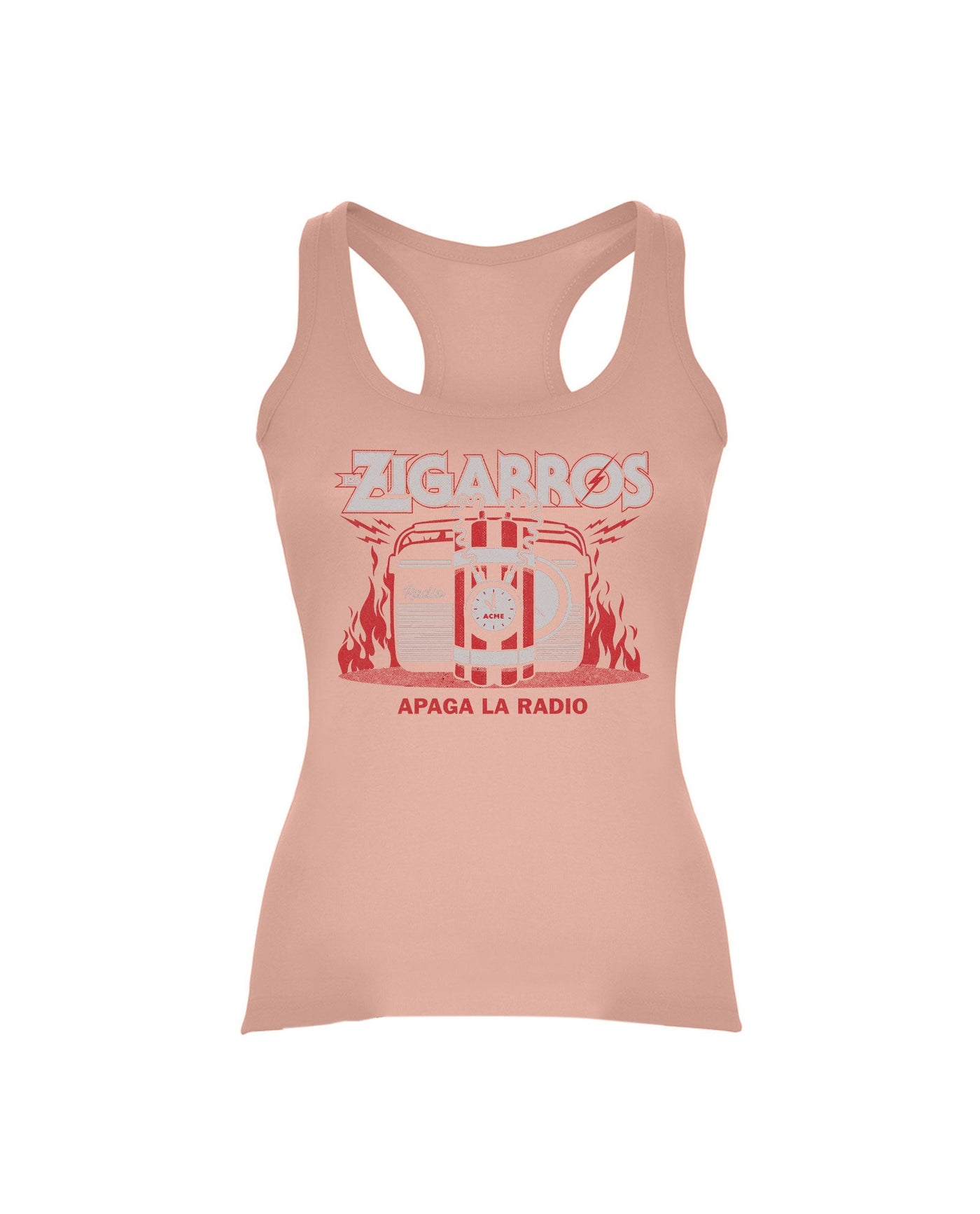 Camiseta Tirantes "Apaga La Radio" Mujer Salmón - Los Zigarros - Rocktud - Los Zigarros