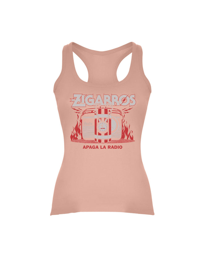 Camiseta Tirantes "Apaga La Radio" Mujer Salmón - Los Zigarros - Rocktud - Los Zigarros